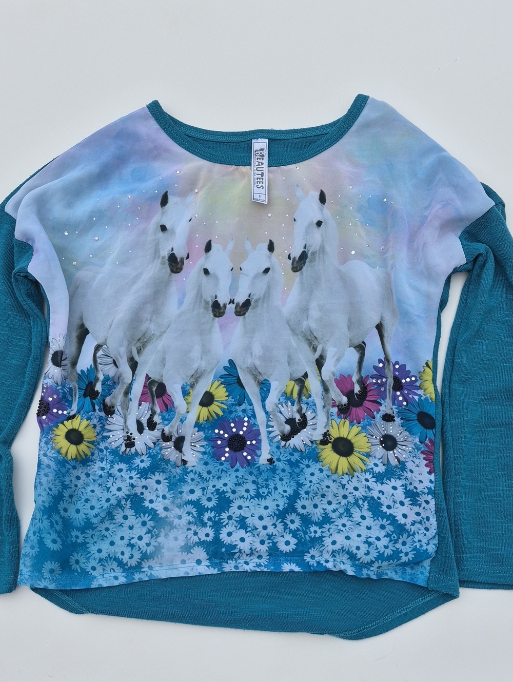 Beautees Teal Long Sleeve Top with White Horse & Floral Print Size S